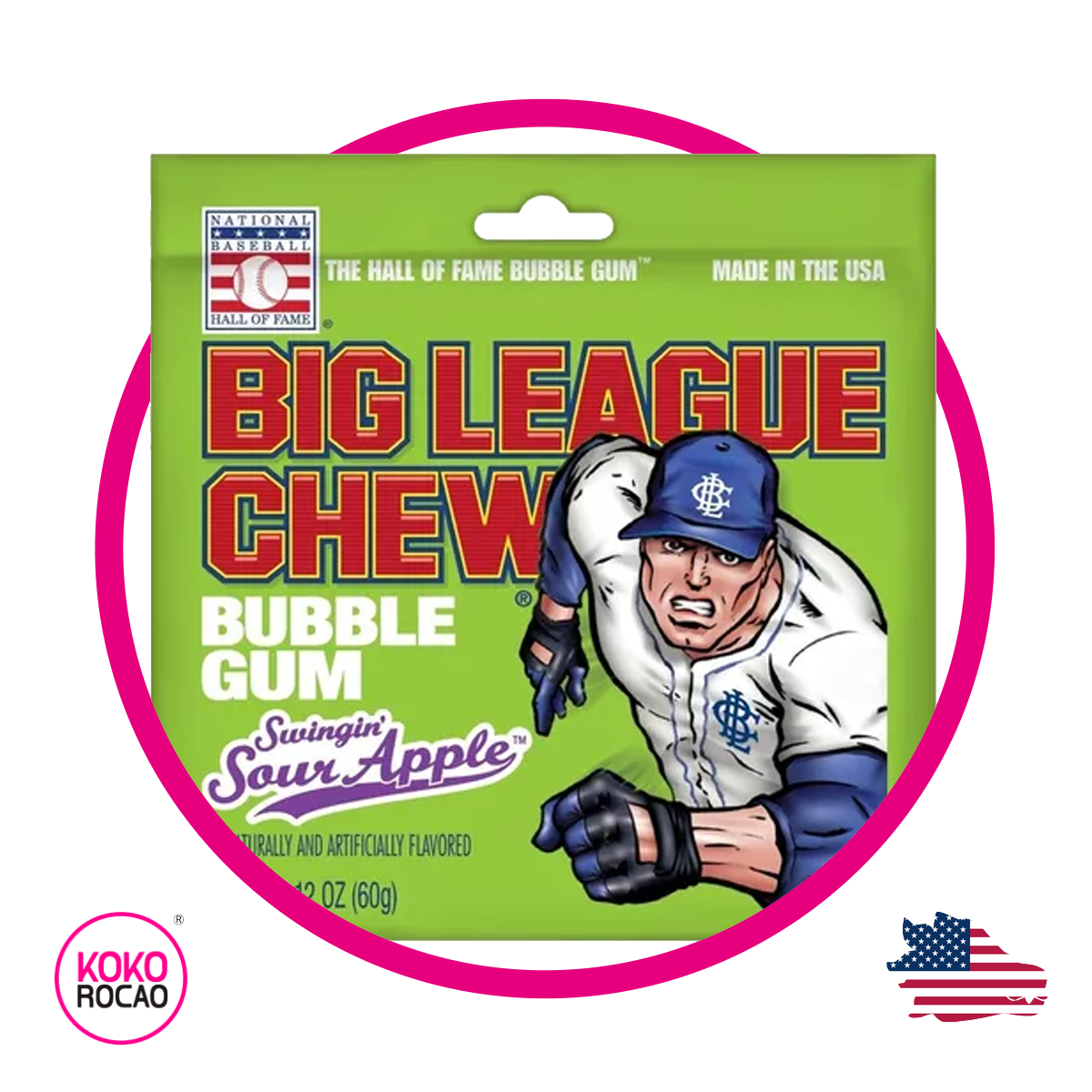 Bolsa de Big League Sour Apple Bubble Gum 60 g